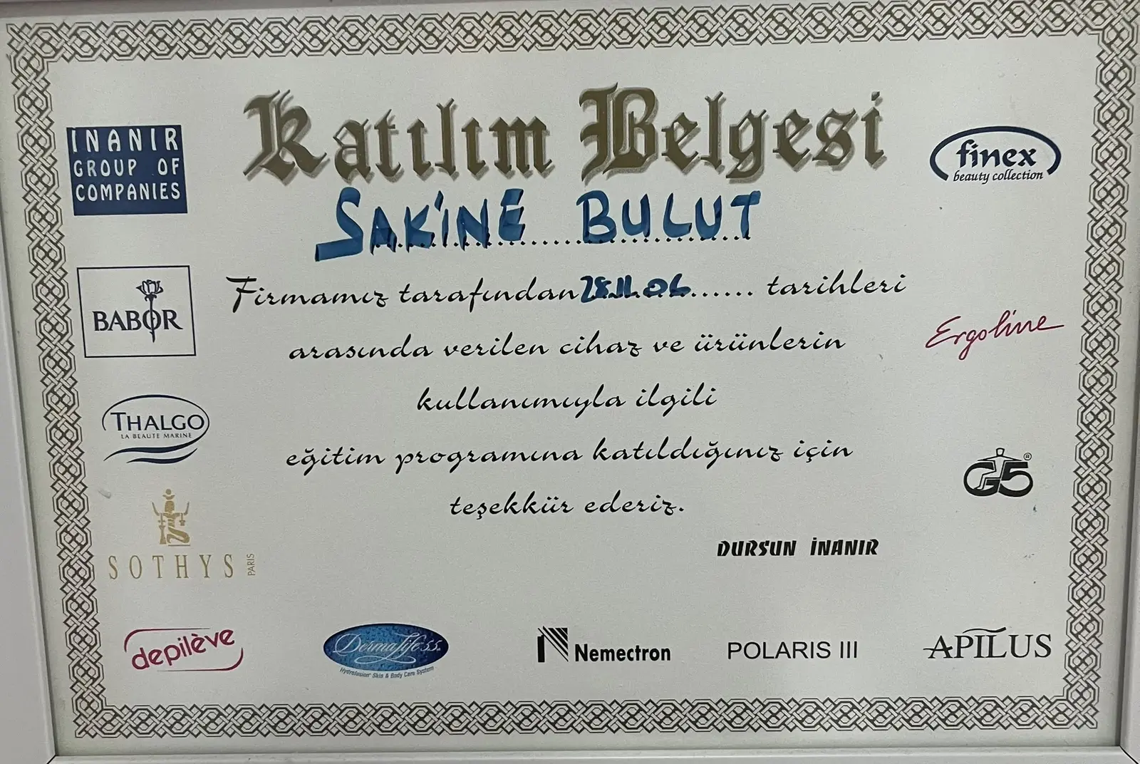 Cihaz ve Ürün Kullanımı Eğitimi sertifikası
